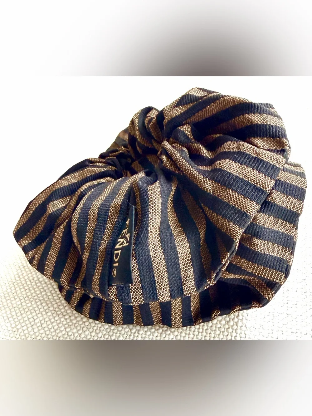 FENDI Vintage Pequin Pecan Stripe Scrunchie Brown Black Hair Tie
